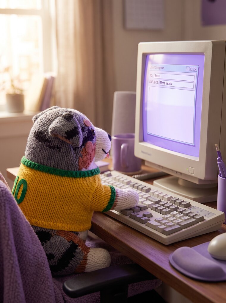Freddie, a knitted blue merle Australian Shepherd in a yellow number 10 jersey, typing an email at a retro computer